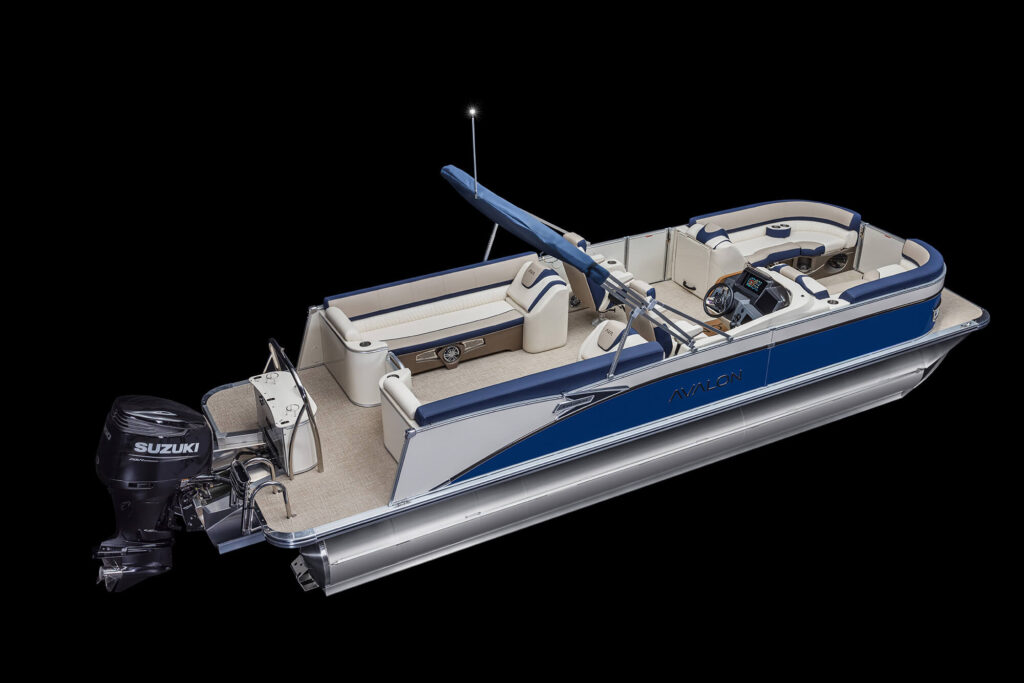 A blue and white pontoon boat is shown with an outboard Suzuki motor attached at the back. The boat has white cushioned seating, a steering console with a windshield, and a canopy frame without the canopy cloth. The boat is displayed against a black background.