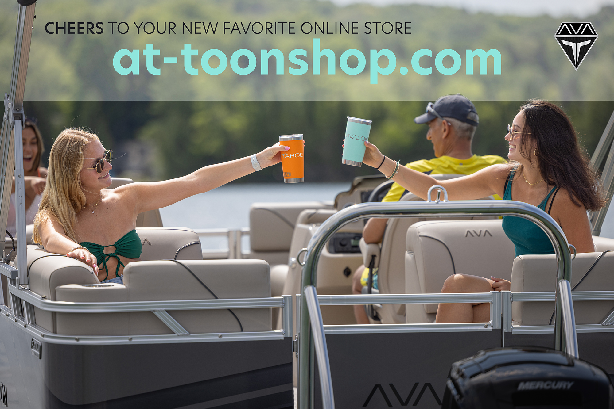 Two women in swimwear toast with drinks on a boat. They are surrounded by people enjoying a sunny day on the water. Text reads, "Cheers to your new favorite online store at-toonshop.com." A logo is visible in the top right corner.