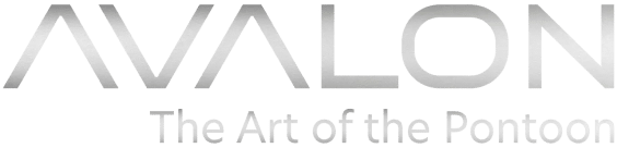 The image showcases the Avalon logo with "A V A L O N" in bold, silver letters at the top and the tagline "The Art of Pontoons" in smaller, silver text underneath. The background is transparent.